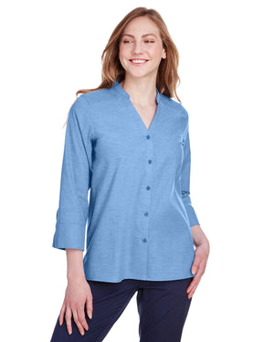 Devon & Jones Ladies' Crown Collection® Stretch Pinpoint Chambray Three-Quarter Sleeve Blouse