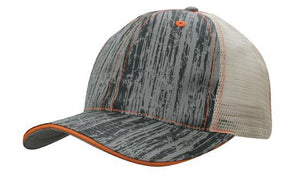 6 Panel Woodprint Poly Twill Mesh Cap - Custom Embroidered - Stone/charcoal/orange