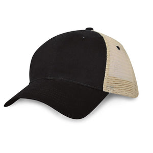 6 Panel Light Brushed Trucker Cap - Black With Khaki