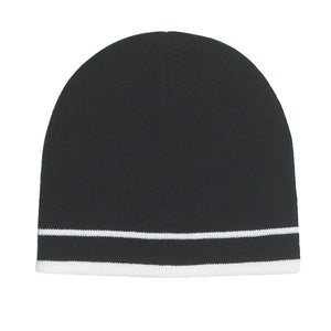 Knit Beanie With Double Stripe - Black With White