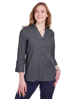 Ladies' Crown Collection® Stretch Pinpoint Chambray Three-Quarter Sleeve Blouse - Black