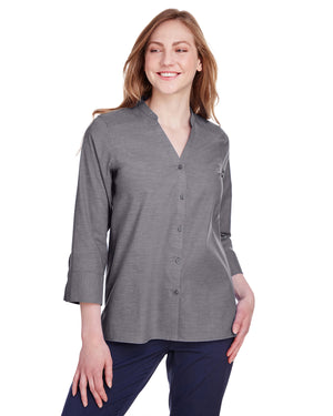 Ladies' Crown Collection® Stretch Pinpoint Chambray Three-Quarter Sleeve Blouse - Graphite