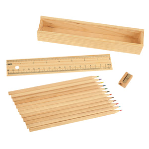 Colored Pencil Set In Wooden Ruler Box - Natural