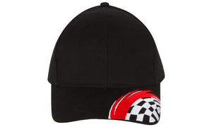 6 Panel Brush Cotton Cap Swoosh-Checks - Custom Embroidered - Black/red/white