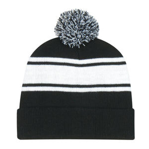 Two-Tone Knit Pom Beanie With Cuff